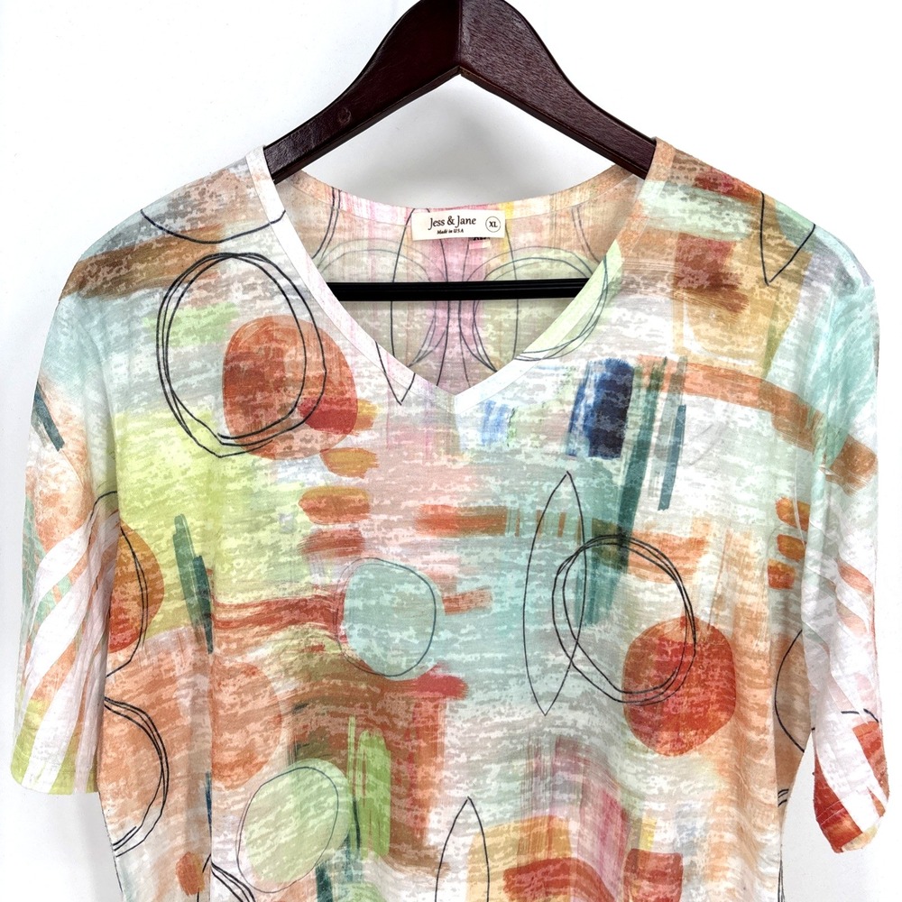 Jess & Jane Top XL Multicolor Burnout Tee Watercolor Abstract Short Sleeve Shirt - Picture 2 of 5